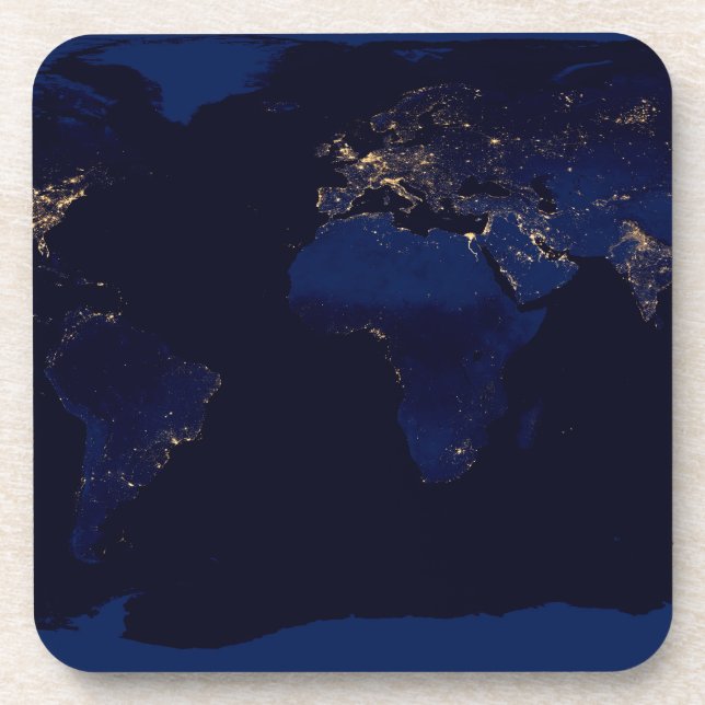 Flat Map Of Earth Showing City Lights Of World Coaster (Front)