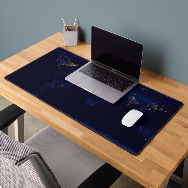 Flat Map Of Earth Showing City Lights Of World Desk Mat (Office 2)