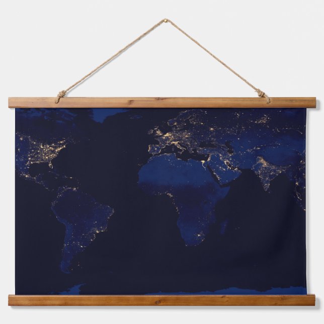 Flat Map Of Earth Showing City Lights Of World Hanging Tapestry (Front)
