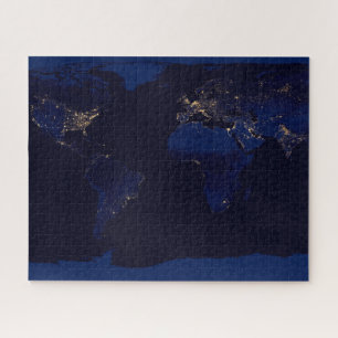 Flat Map Of Earth Showing City Lights Of World Jigsaw Puzzle
