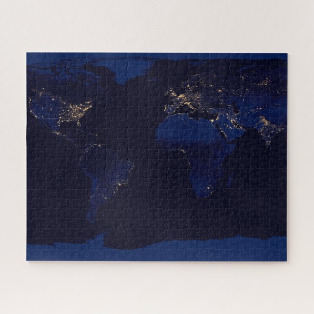 Flat Map Of Earth Showing City Lights Of World Jigsaw Puzzle (Horizontal)