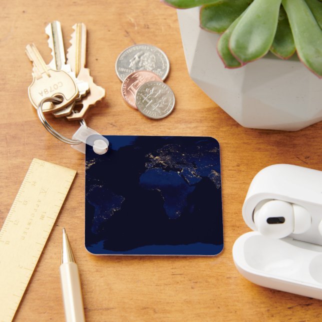 Flat Map Of Earth Showing City Lights Of World Keychain (Desk)