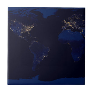 Flat Map Of Earth Showing City Lights Of World Tile