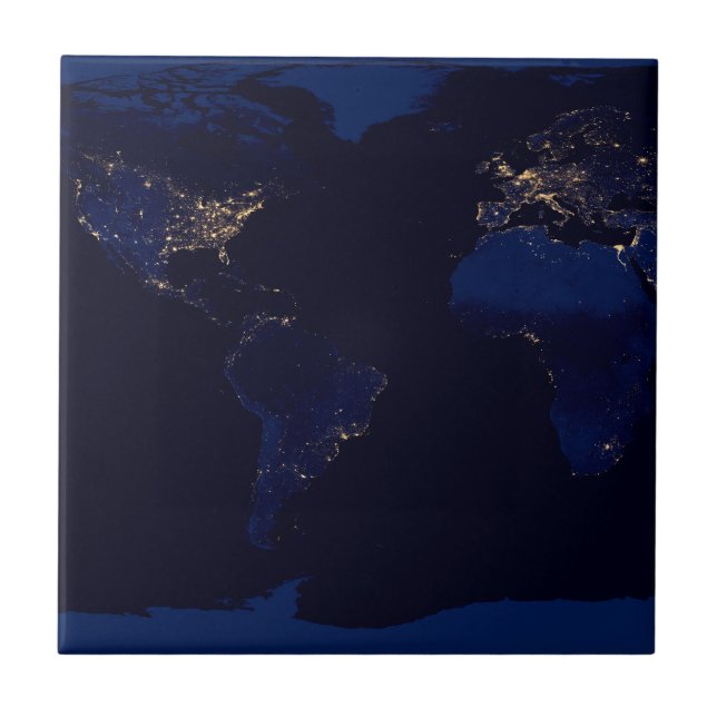 Flat Map Of Earth Showing City Lights Of World Tile (Front)