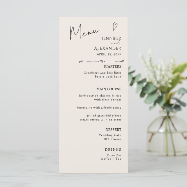 Flat Menu Minimalist modern calligraphy, wedding. (Standing Front)