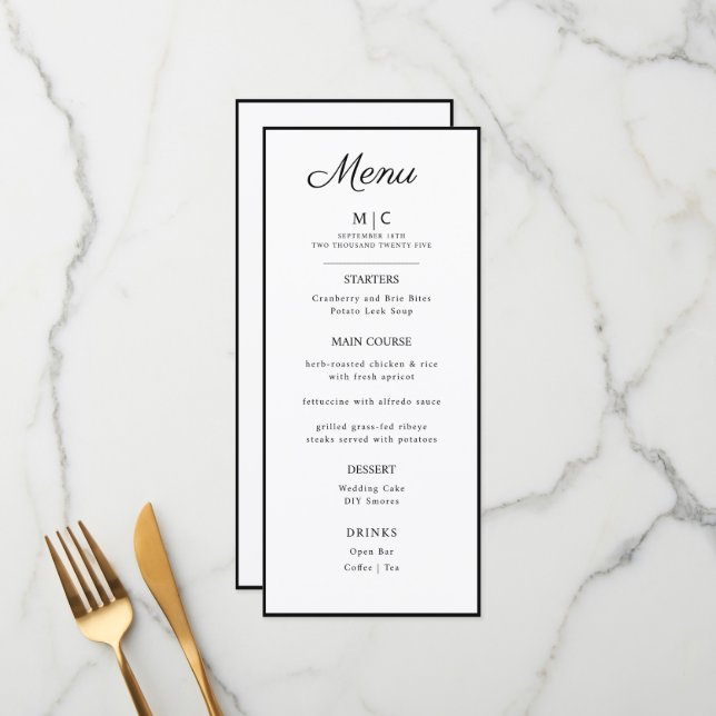 Flat Menu wedding Minimalist modern.  (Front/Back In Situ)