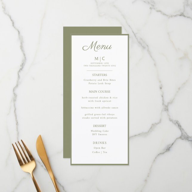 Flat Menu wedding Minimalist modern.  (Front/Back In Situ)