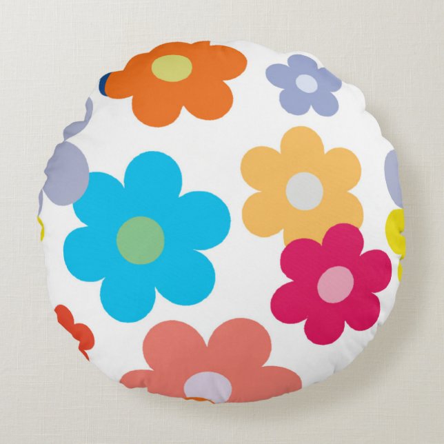 Flat Multi-Coloured Floral Pattern Round Pillow (Front)
