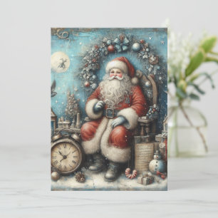 Flat Non-Photo Vintage Blue Santa Christmas Card