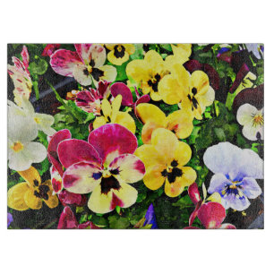 Flat of Pansies Mixed Colours Cutting Board