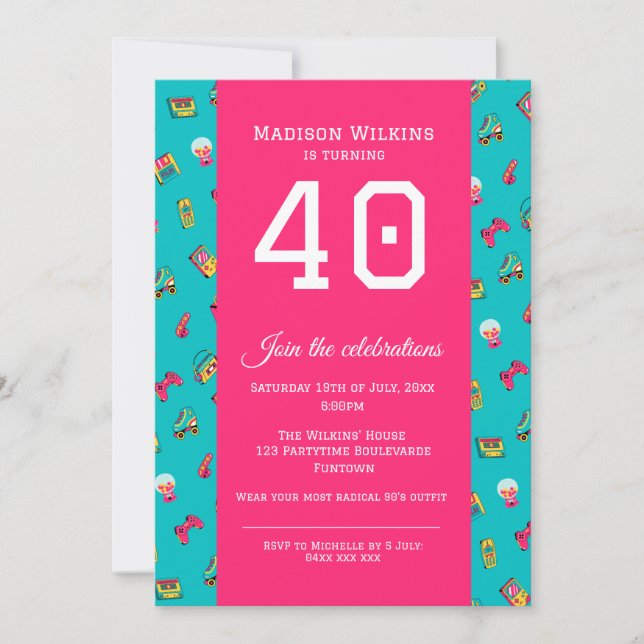 Flat Party Invitation - Hot Pink 90's retro fun (Front)