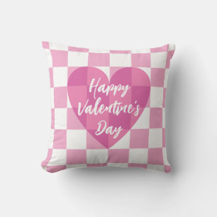 Flat Pink Heart Check Happy Valentine's Day Throw Pillow