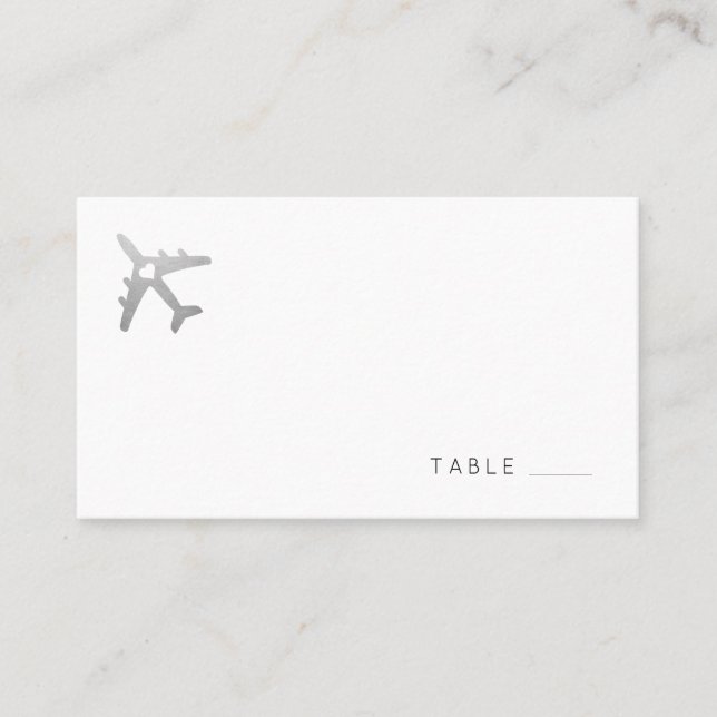 Flat Place Card with Silver Travel Theme Airplane (Front)