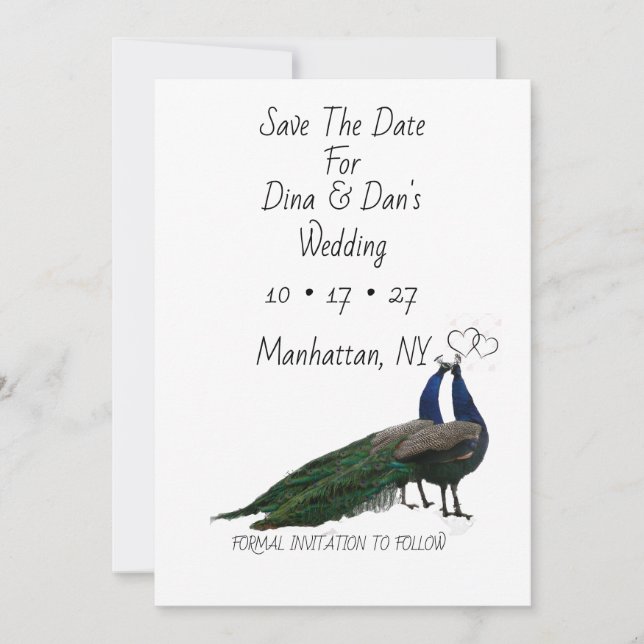 Flat Save The Date Card with Peacock Pair  (Front)