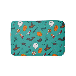 Flat-Style Halloween Turquoise Pattern. Bath Mat