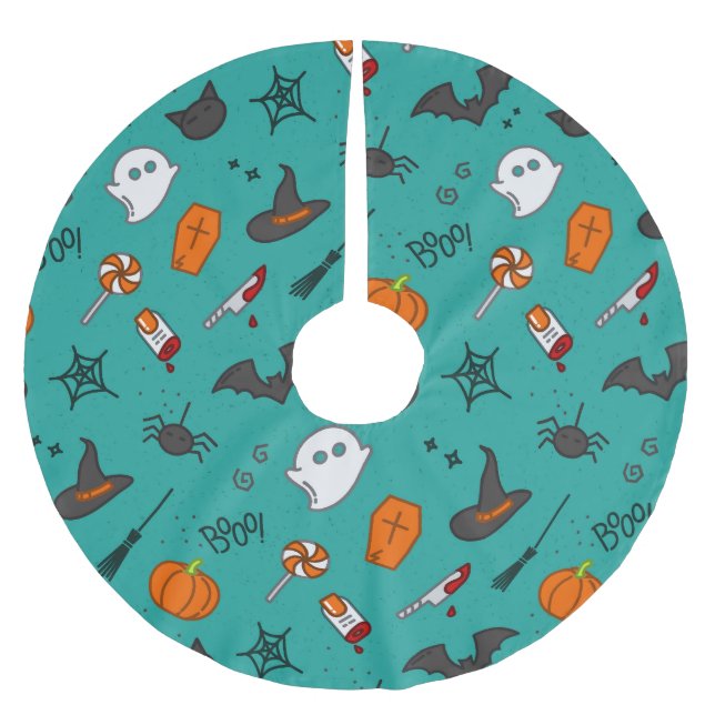 Flat-Style Halloween Turquoise Pattern. Brushed Polyester Tree Skirt (Front)
