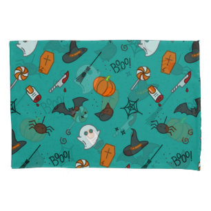 Flat-Style Halloween Turquoise Pattern. Pillowcase