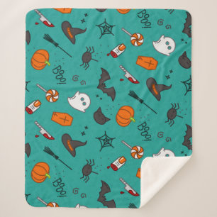 Flat-Style Halloween Turquoise Pattern. Sherpa Blanket