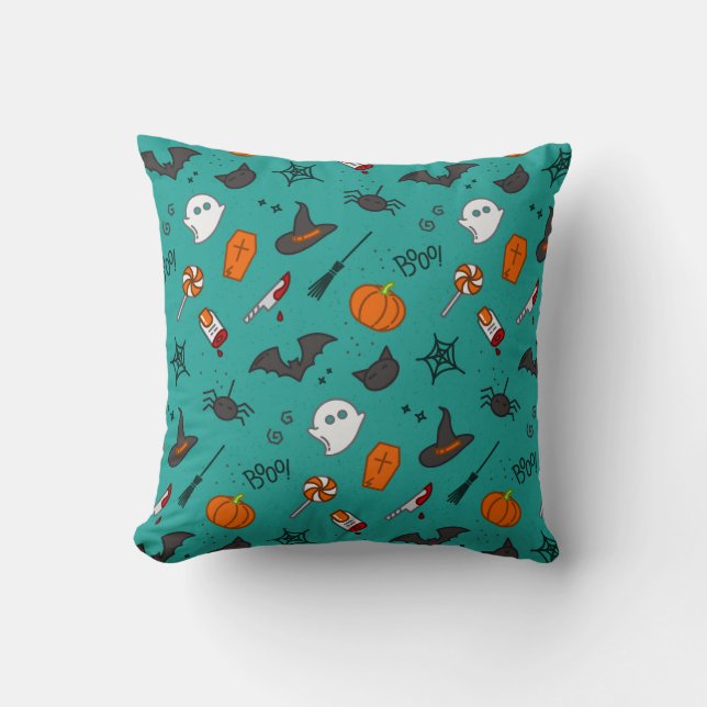 Flat-Style Halloween Turquoise Pattern. Throw Pillow (Front)