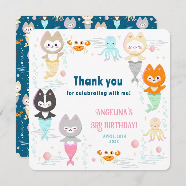 Flat Thank You Card for 3rd birthday. (Front/Back)