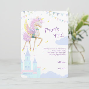 Flat Thank You Card for Birthday with Unicorn.