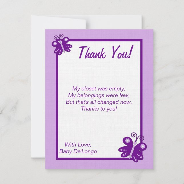 FLAT Thank You Card Purple Spring Time Butterfly (Front)