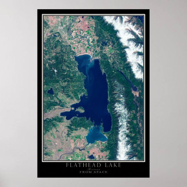 Flathead Lake Montana From Space Satellite Map Poster (Front)