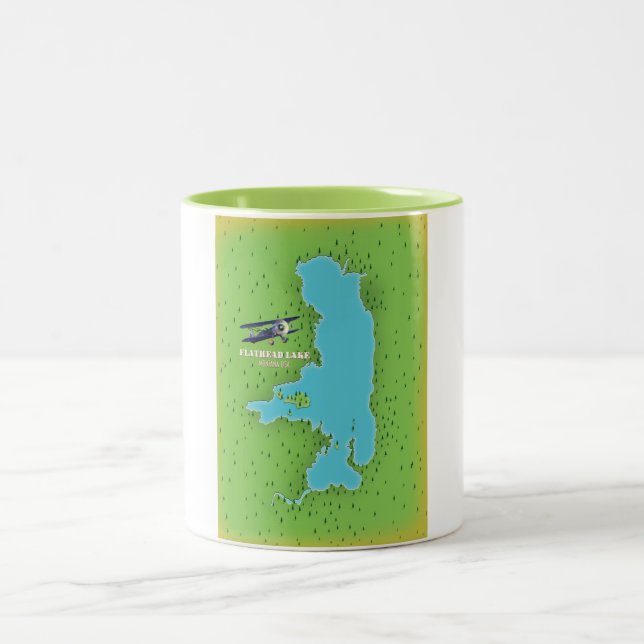 Flathead Lake Montana USA map travel poster. Two-Tone Coffee Mug (Center)
