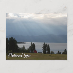 Flathead Lake Montana with Mountains Trees Barn Postcard
