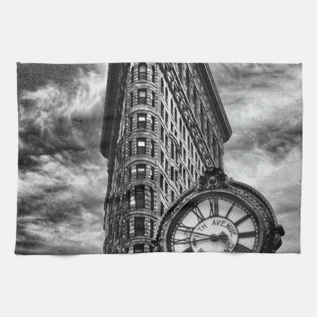 Flatiron Building and Clock in Black and White Kitchen Towel (Horizontal)