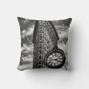Flatiron Building and Clock in Black and White Throw Pillow