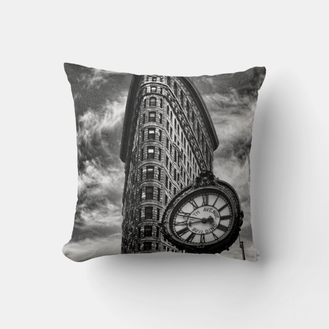 Flatiron Building and Clock in Black and White Throw Pillow (Front)