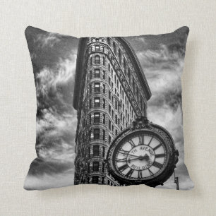 Flatiron Building and Clock in Black and White Throw Pillow