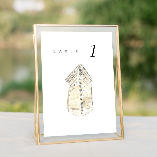 Flatiron Building New York Mariage Numéro de table (Watercolor Flatiron Hotel New York City Skyline wedding table number sign.)