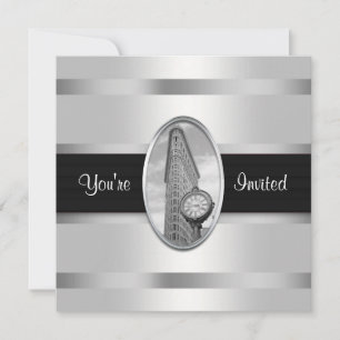 Flatiron Building White Silver BW Party Invitation