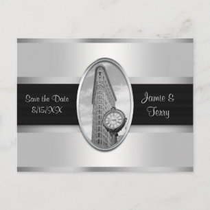 Flatiron Building White Silver BW Save the Date Announcement Postcard