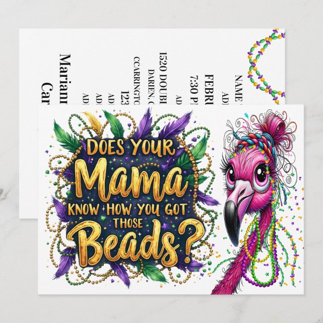 Flaunty Flamingo Mardi Gras  Invitation (Front/Back)