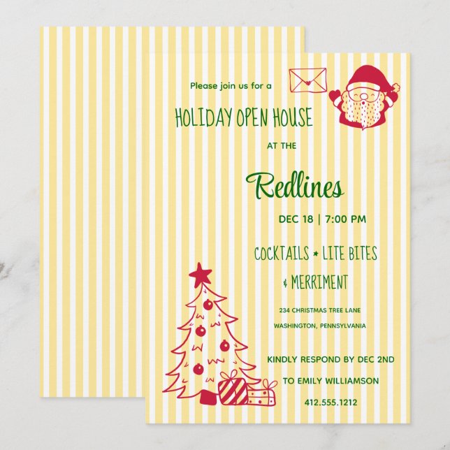 Flavescent stripped Holiday Open House  Invitation (Front/Back)
