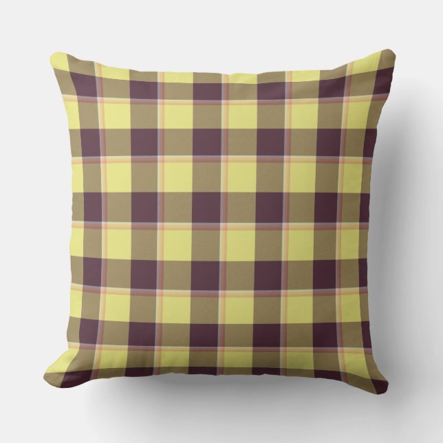 Flax and Livid Brown Plaid Yellow Rustic Throw Pillow (Front)