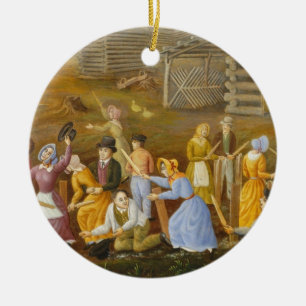Flax Scutching Bee, 1885 (oil on bed ticking) Ceramic Ornament
