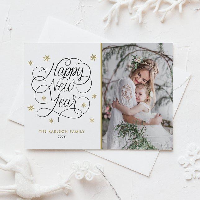 Flèches de neige en or | Joyeux Carte photo du nou (Gold Snowflakes Happy New Year Photo Holiday Card)