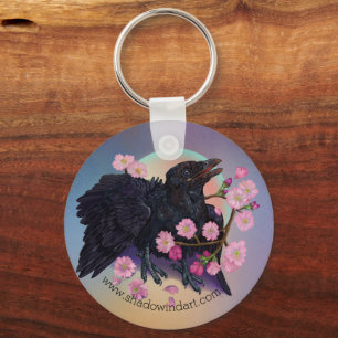 Fledgling Crow with apple blossoms Keychain
