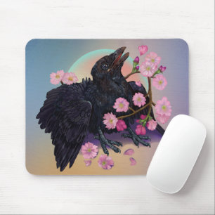 Fledgling Crow with apple blossoms Mouse Pad
