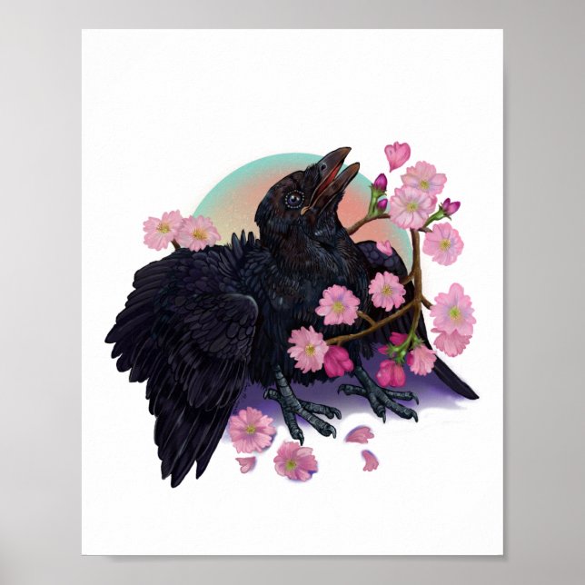 Fledgling Crow with apple blossoms Poster (Front)