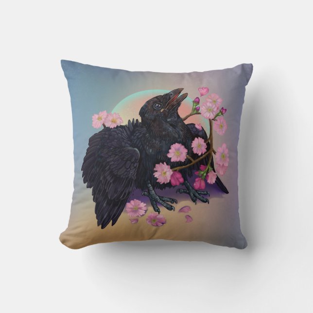 Fledgling Crow with apple blossoms Throw Pillow (Front)