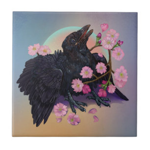 Fledgling Crow with apple blossoms  Tile