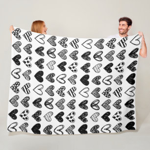 Fleece Blanket - Black and White Hearts