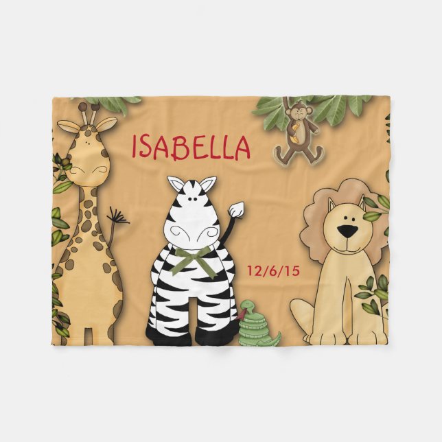 Fleece Blanket Jungle, Giraffe, Lion,Zebra, Monkey (Front (Horizontal))
