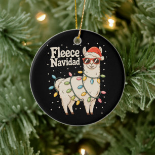 Fleece Navidad Christmas Llama Xmas Lights Ceramic Ornament