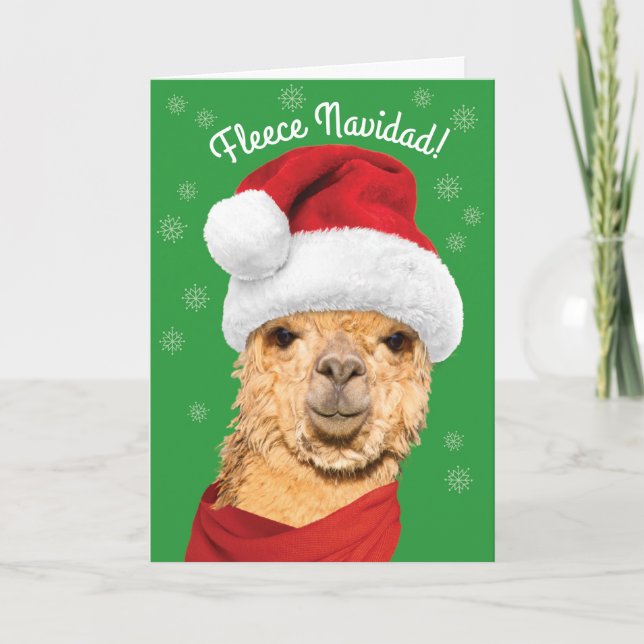 Fleece Navidad Cute Alpaca in Santa Hat Christmas Holiday Card (Front)